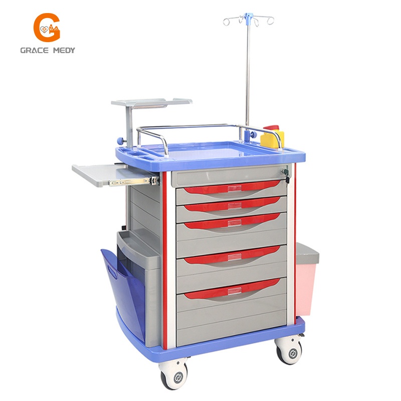 Hospital Emergency Resuscitation Trolley 5 Drawers Medical Nursing Cart with IV Stand &amp;amp;amp; Accessories
