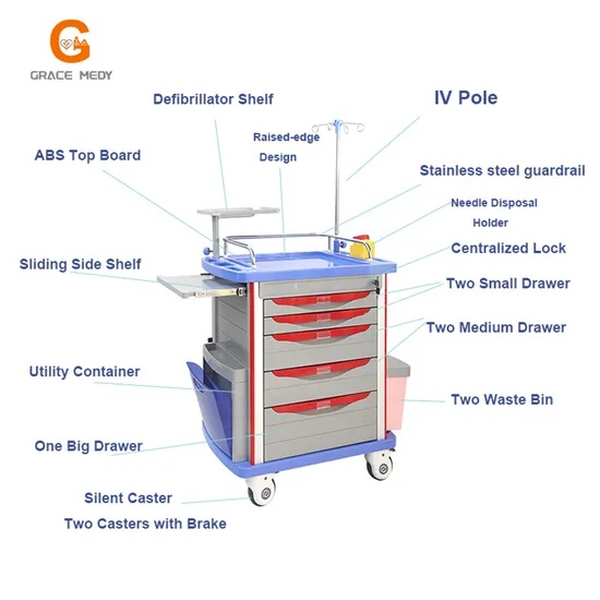Medical Emergency Crash Cart, ABS Top 5 Drawer Hospital Anesthesia Trolley Equipped and Oxygen Ho...